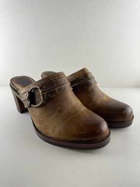 Frye Alyssa Trapunto Leather Clogs Brown Heeled Mules Size 9